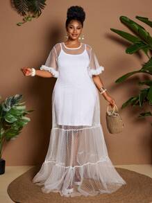 Maweii Plus Size Women Fashion Hollowed-Out See-Through Fabric Round Neck Ruffled Sleeve Multi-Layer Pleated Patchwork Ruffled Loose Dress, Summer - White - View 2