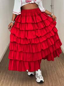 Maweii Plus Size Solid Color Pleated Multi-Layer Ruffle Skirt, Elegant & Sexy For Party - Red - View 2