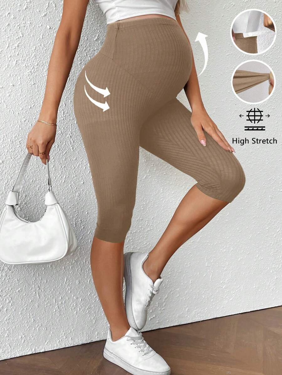 SHEIN Maternity Solid Ribbed Cropped Leggings,Maternity Clothes - Khaki - View 1