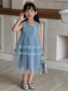 DAZY Young Girl' Round Neck Mesh Patchwork Sleeveless Denim Dress, Fresh Summer Style
