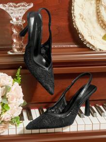 CUCCOO HITCHD 尖头蕾丝网眼优雅婚礼派对高跟露跟女鞋 - 黑色 - 查看 2