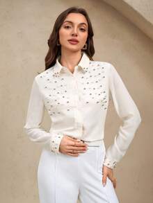 EMERY ROSE Women's Beige Pearl Embellished Long Sleeve Shirt - Apricot - View 5