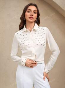 EMERY ROSE Camicia donna a maniche lunghe beige con decorazioni in perle