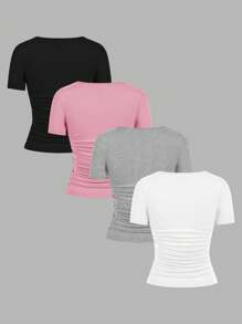 SHEIN EZwear 4件套休闲简约纯色方领短袖T恤女上衣，黑色、粉色、灰色、白色，适合春夏季