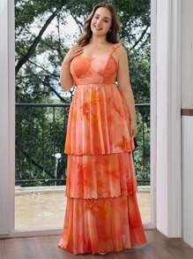 SHEIN MOD 大码女式荷叶边橙色花卉印花飘袖网眼罩层连衣裙，浪漫图案，正式场合，休闲，度假，生日派对，日常通勤，春夏季，女士生日礼服，女士节日服装，女士连衣裙 - 橘色 - 查看 4