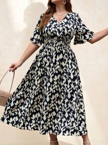 Chikora In bất đối xứng Plus Size Country Elegant Summer Daily Dress Long Work Dress - Đen và trắng - Xem 1