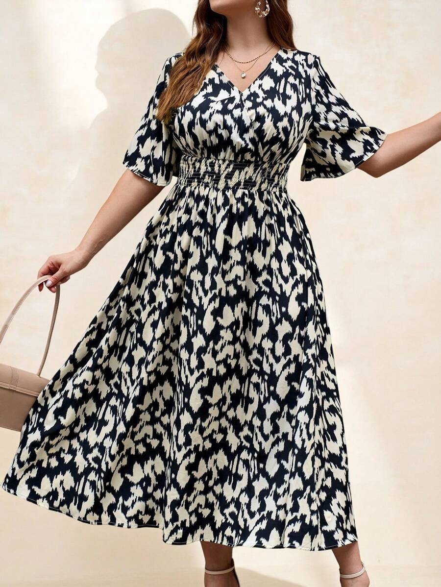 Chikora In bất đối xứng Plus Size Country Elegant Summer Daily Dress Long Work Dress - Đen và trắng - Xem 1