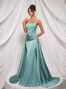 Glamrae Elegant Sage Green Satin Bustier Dress With Ruched Waist, Fish Tail Design Maxi Dress With Adjustable Lace-Up Back, Suitable For Date, Vacation, Party, Wedding, Formal Occasion, Gown, For Evening, Wedding Guest,Birthday Dress,Graduation,Teacher Outfits For Women,Teacher Dress - Mint Green - View 4