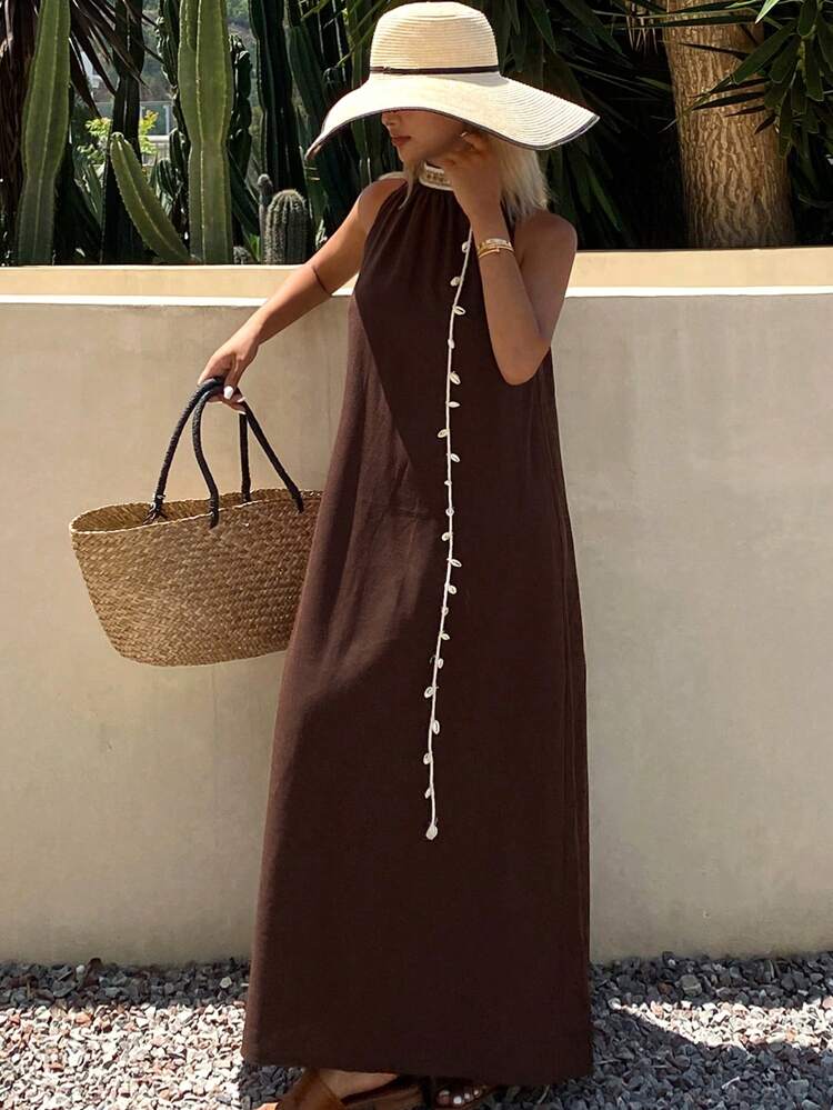 Natural Shell Bohemian Style Pendant Sleeveless Dress Linen Maxi Dress Vacation Outfits Women