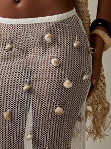 MISSGUIDED Strandüberwurf gestrickt mit Netzstoff, midi-länge, mit Bommel-details, Resort-trage, Urlaubs-Freizeitkleidung, Bademode, Lässig Poolside Sommer Sarong - Weiss - Übersicht 7