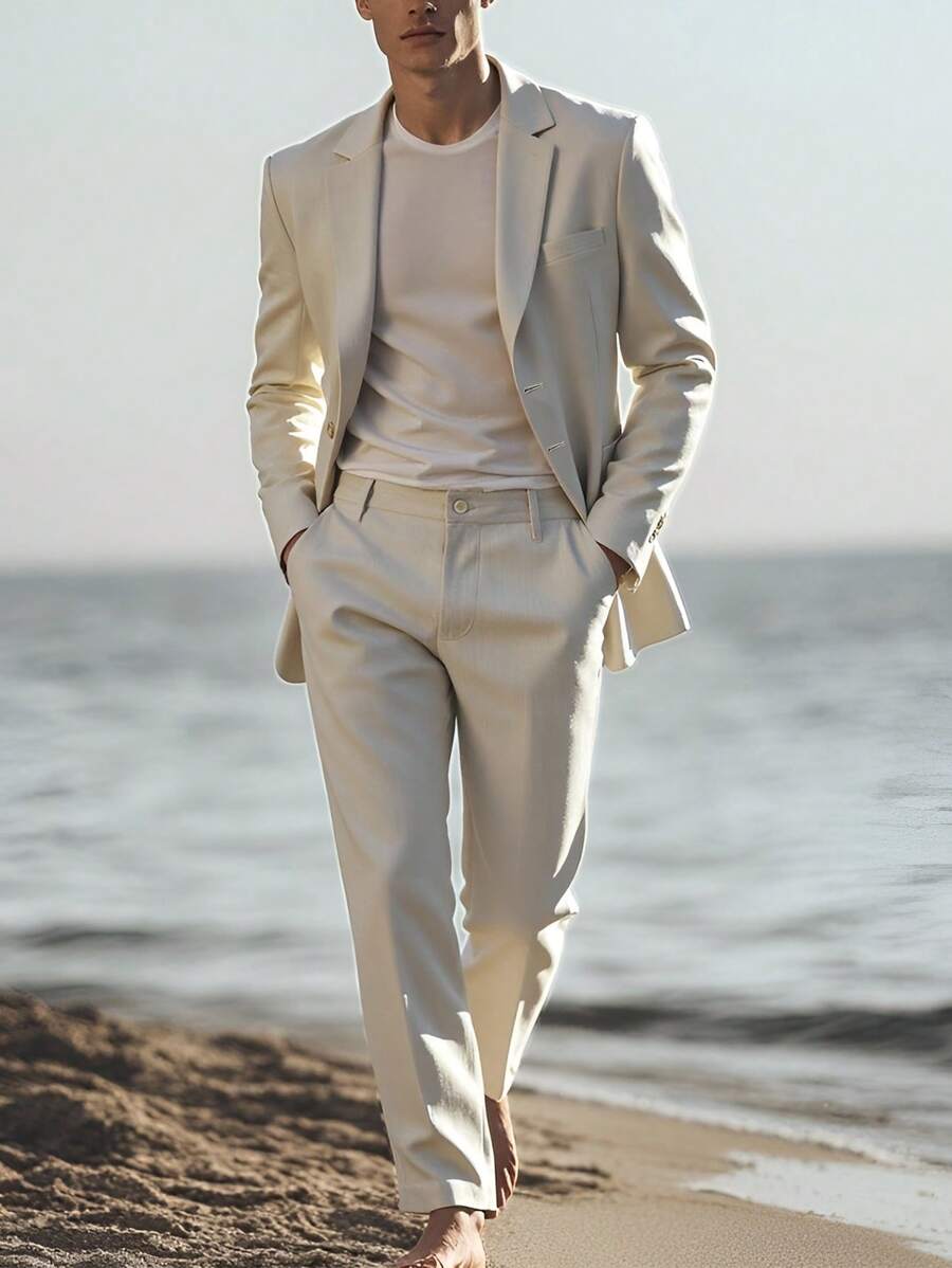 Calvornis Bộ vest nam tay dài cổ ve màu trơn và quần âu thường ngày - Màu be - Xem 1