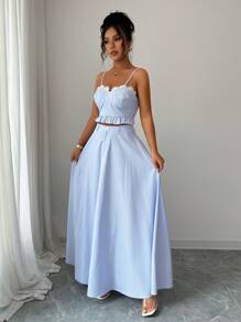 Elenzga Damen elegantes, stilvolles Arbeits-/Büropendler-Lässig-Komfort-Urlaubs-Abschluss-Feiertagsgentle Lady Boho-Ärmellos-Camisole-Patchwork-Spitzen-Kurztop mit A-Linien-Rüschensaum-Rock gestreift Zweiteiler-Set