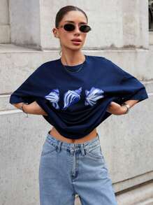 SHEIN Camisetas de manga corta con estampado detallado para mujer