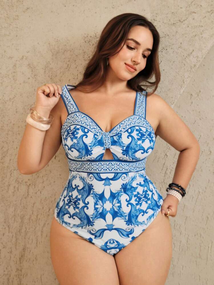 Swim Oasis 大码女式时尚蓝白瓷印花抹胸式连体泳衣搭配休闲随机花卉印花裙两件套 - 藍色 - 查看 5