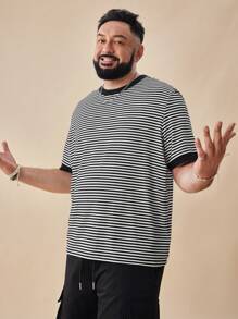 EASEVO Men's Knit Casual Daily Loose Striped Short Sleeve Oversized T-Shirt (Plus Size), Summer - Black - View 4