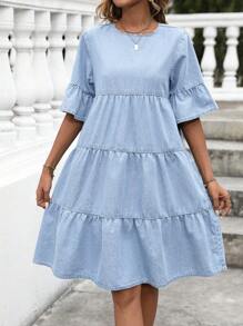 EMERY ROSE Women's Plain Round Neck Raglan Sleeve Ruffled Casual Denim Babydoll Dress For Summer - Blue and White - View 5