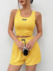 SHEIN EZwear 浅黄色针织无袖女式背心套装 - 鵝黃色 - 查看 5