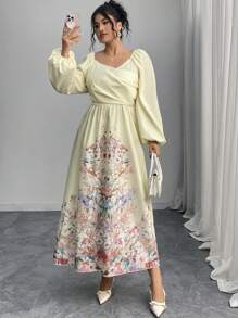 Modelyn Plus Size Women Long Sleeve Printed Dress - Yellow - View 1