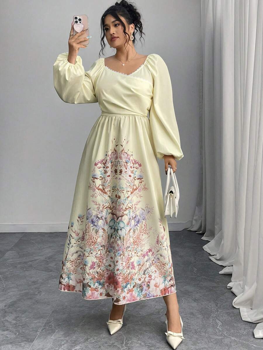 Modelyn Plus Size Women Long Sleeve Printed Dress - Yellow - View 1