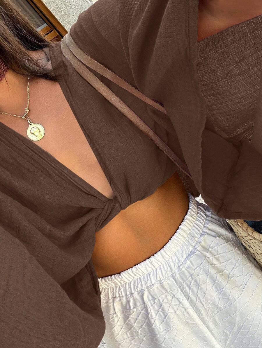 INAWLY Women's Casual Solid Color Bat-Wing Sleeve Cropped Shirt Fall Cloth For Women - Coffee Brown - View 1