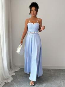 Elenzga Damen elegantes, stilvolles Arbeits-/Büropendler-Lässig-Komfort-Urlaubs-Abschluss-Feiertagsgentle Lady Boho-Ärmellos-Camisole-Patchwork-Spitzen-Kurztop mit A-Linien-Rüschensaum-Rock gestreift Zweiteiler-Set