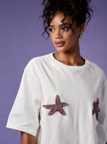 MISSGUIDED Camiseta de verano oversize con aplicación de estrella de mar brillante, ropa de playa y resort, uso casual diario