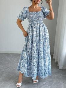 Elenzga 大码女式优雅方领荷叶边袖高腰小碎花连衣裙 - 彩色 - 查看 6