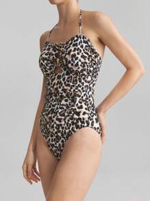 Ontre Women's Beach Swimsuit, Vacation Wear, Female Apparel, Vacation Style, Vacation Clothing, Women's One-Piece Swimsuit, Leopard Print, Halter Swimwear, Metal Decor, Partial Hollow, Beach Swimsuit,  Swimsuit, Vintage - Brown - View 4
