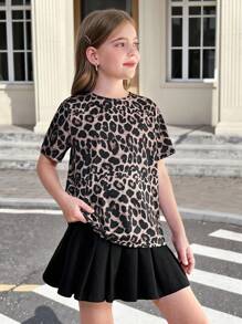 SHEIN Tween Girl Leopard Print Relaxed Round Neck Short Sleeve T-Shirt - Brown - View 8