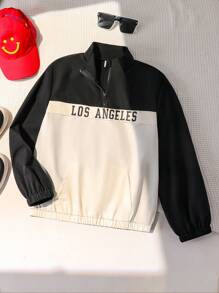 Tween Boy Contrast Color Half-Zip Up Casual Long Sleeve Jacket With Fashionable Letter Print - Black and White - View 5