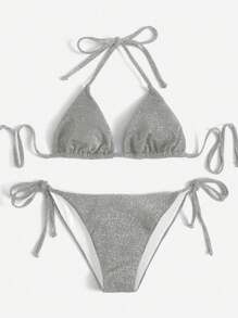 Swim Vcay 女士纯色闪亮吊带性感比基尼泳装套装，夏季海滩 - 灰色 - 查看 1