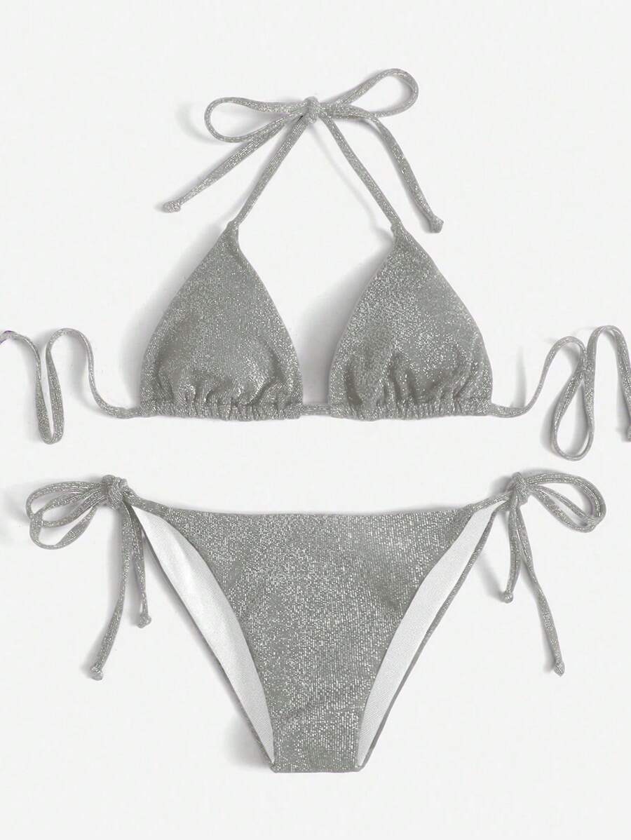 Swim Vcay 女士纯色闪亮吊带性感比基尼泳装套装，夏季海滩 - 灰色 - 查看 1