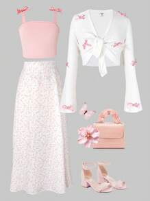 SHEIN Tween-Mädchen 3-teiliges Freizeit-Outfit-Set, bestehend aus einem Unterhemd mit Schmetterlings-Akzent, einem Midirock mit Blümchenmuster und einer weißen Jacke mit Schleifendekor, elegant und bequem, geeignet für Frühling/Sommer, passend für Mutter und Tochter