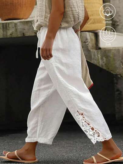 Linhara Plus Size Casual Linen Patchwork Embroidery Floral Hem Long Pants