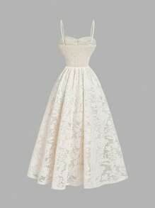 SHEIN MOD 杏色碎花蕾丝复古修身长裙 - 杏色 - 查看 2