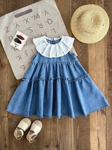 SHEIN LMoss Kids Young Girl' Ruffled Collar Blue Sleeveless Layered Cake Denim Dress - Light Wash - View 7