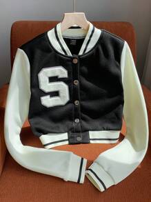 Comfortcana Letter Patched Crop Varsity Jacket - Black and White - View 5