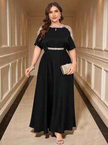 Gownix Curbat Plus Size Femei Albastru Elegant Auriu Strălucitor Paiete Splicing Talie Cinching A-Line Rochie Lungă,Rochie Neagră Femei,Tinute de ieșire,Rochii maxi pentru femei,Rochie maxi elegantă,Rochie fără umăr,Rochie elegantă pentru nuntă,Rochii de primăvară/vară pentru femei,Tinute de vacanță femei