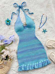 Sweetina Women's Deep V-Neck Backless Halter Beach Vacation Knit Dress - Blue - View 1