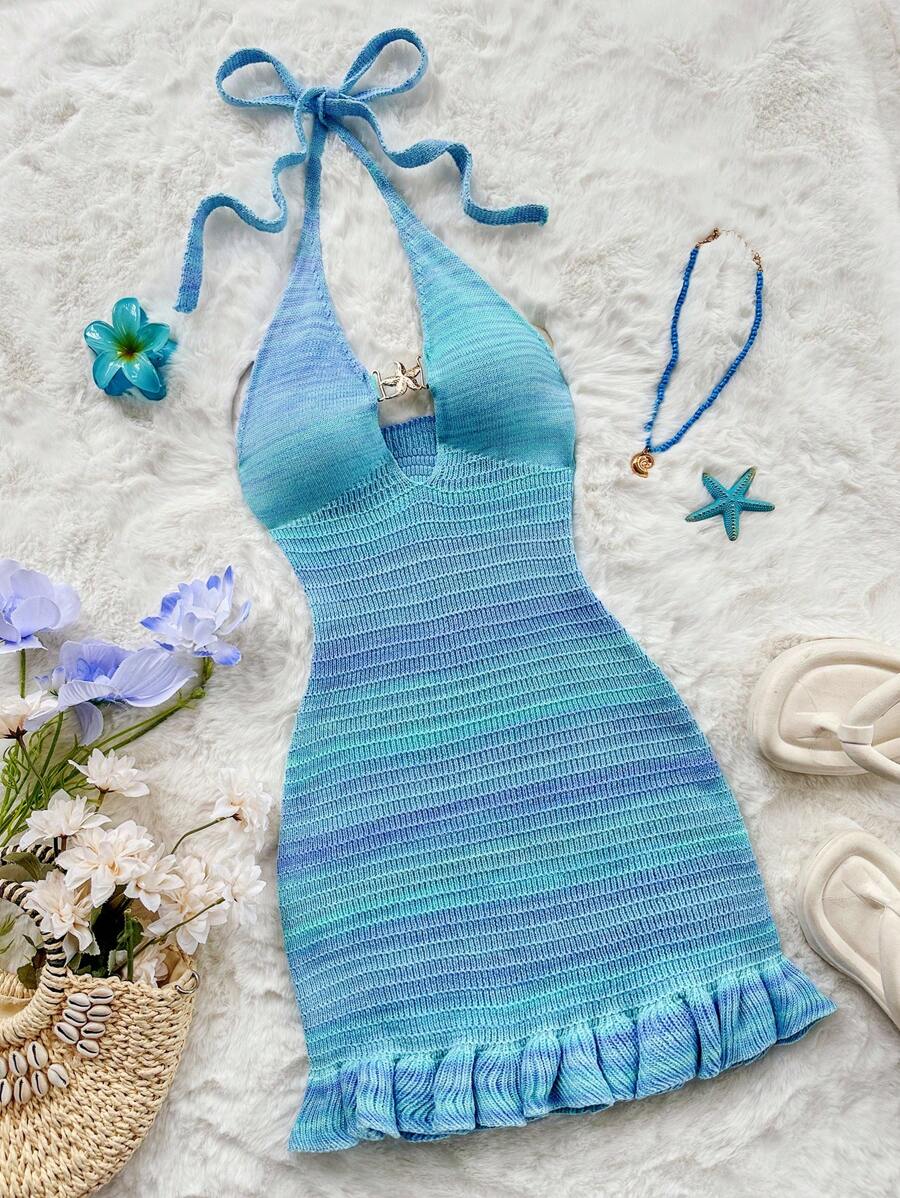 Sweetina Women's Deep V-Neck Backless Halter Beach Vacation Knit Dress - Blue - View 1