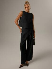 SHEIN Forever 21 女式无袖纯色休闲圆领衬衫，夏季 - 黑色 - 查看 4