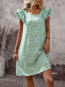 SHEIN LUNE 女士碎花印花方领荷叶边袖休闲连衣裙，适合夏季度假 - 彩色 - 查看 2
