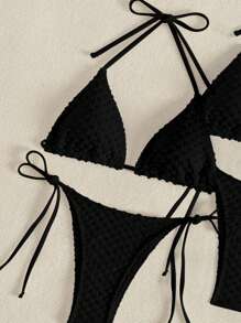 SHEIN Swim Bikini 2 mảnh gợi cảm buộc dây màu trơn dành cho nữ - màu đen - Xem 4