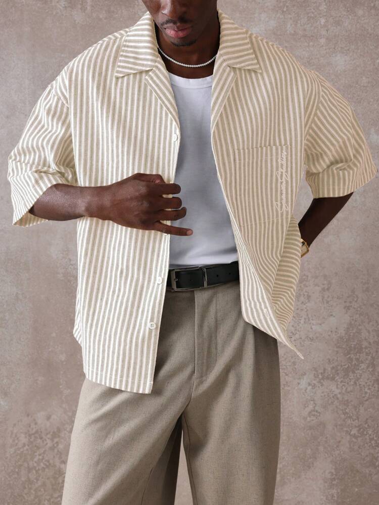 SUMWON Boxy Fit Resort Style Button Down Shirt Revere Collar Short Sleeve Lightweight Striped Textured Summer Beach Vacation Holiday Casual Loose