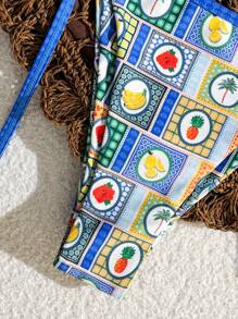 Swim Vcay Women's Plaid Patchwork Tropical Plant & Oceanic Print Bikini 2 Pieces Set For Summer Beach Vacation - Blue - View 6