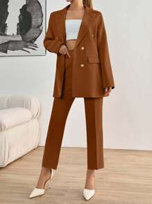 EURMUSE Women's Solid Color Mottled Lapel Long Sleeve Jacket And Pants Elegant Suit Set - Chocolate Brown - View 6