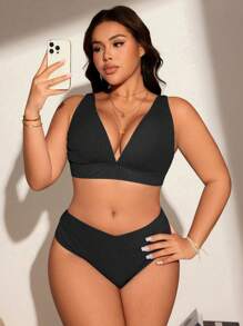 Swim Lushoire 加大码简约纯色纹理面料沙滩泳装套装 - 黑色 - 查看 5