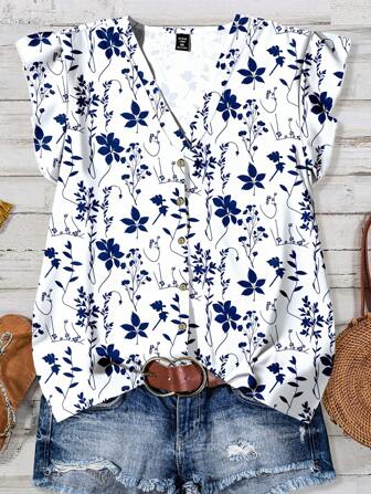 EMERY ROSE Damen Große Größen Täglich Lässig Urlaub V-Ausschnitt Kleine Kappe Ärmel Blumen Locker Hemd, Sommer Outfits für Frauen, Urlaubs Outfits Frauen, Frauen Sommer Kleidung, Ausgeh Oberteile Frauen, Süße Sommer T-Shirts