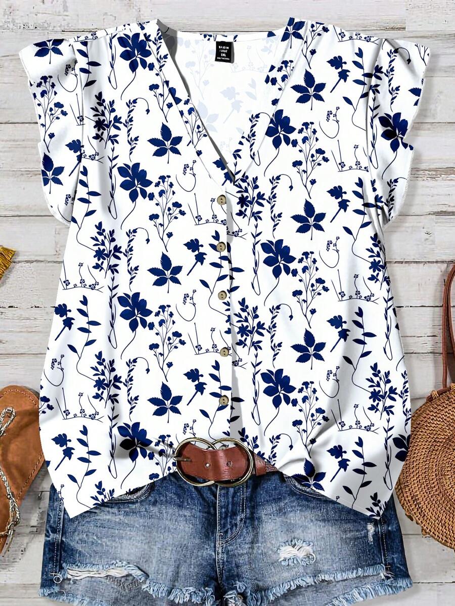 EMERY ROSE Curve Plus Size Women's Daily Casual Vacation V-Neck Small Cap Sleeve Floral Loose Shirt,Summer Outfits For Women,Vacation Outfits Women,Women Summer Clothes,Going Out Tops Women,Cute Summer T