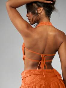 MISSGUIDED Devore Chiffon Halter Cowl Neck Top Ruched Tie Back Summer Party Festival Evening Ruffle Sleeveless Blouse - Orange - View 6